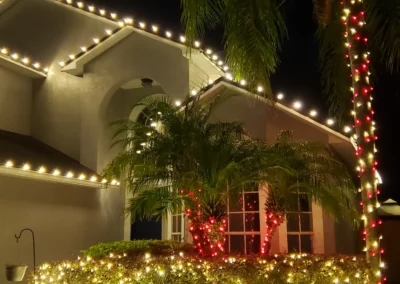 White christmas lights on suburban home. Palm tree with red and white lights.
